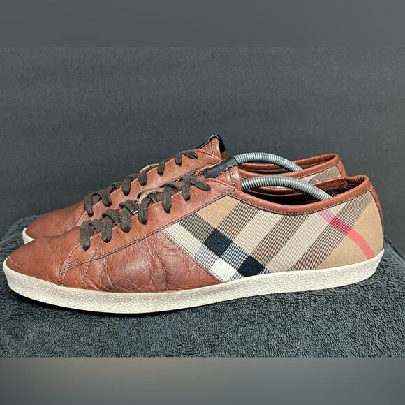 Men’s Burberry Brown Leather & Nova Check Canvas Low Top Shoes Size 12 AUTHENTIC - Picture 1 of 9
